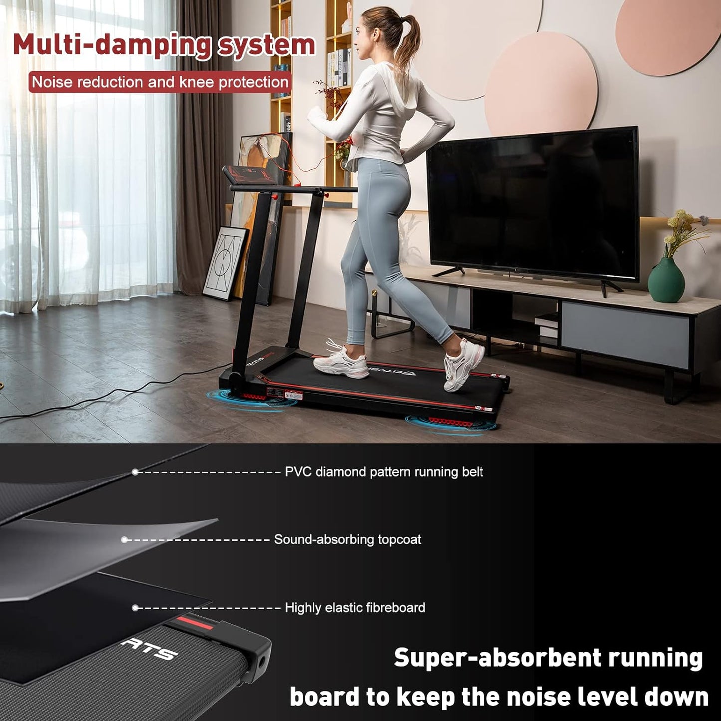 CITYSPORTS tapis course pliable 12km/h, LED, app, support tablette, noir/rouge