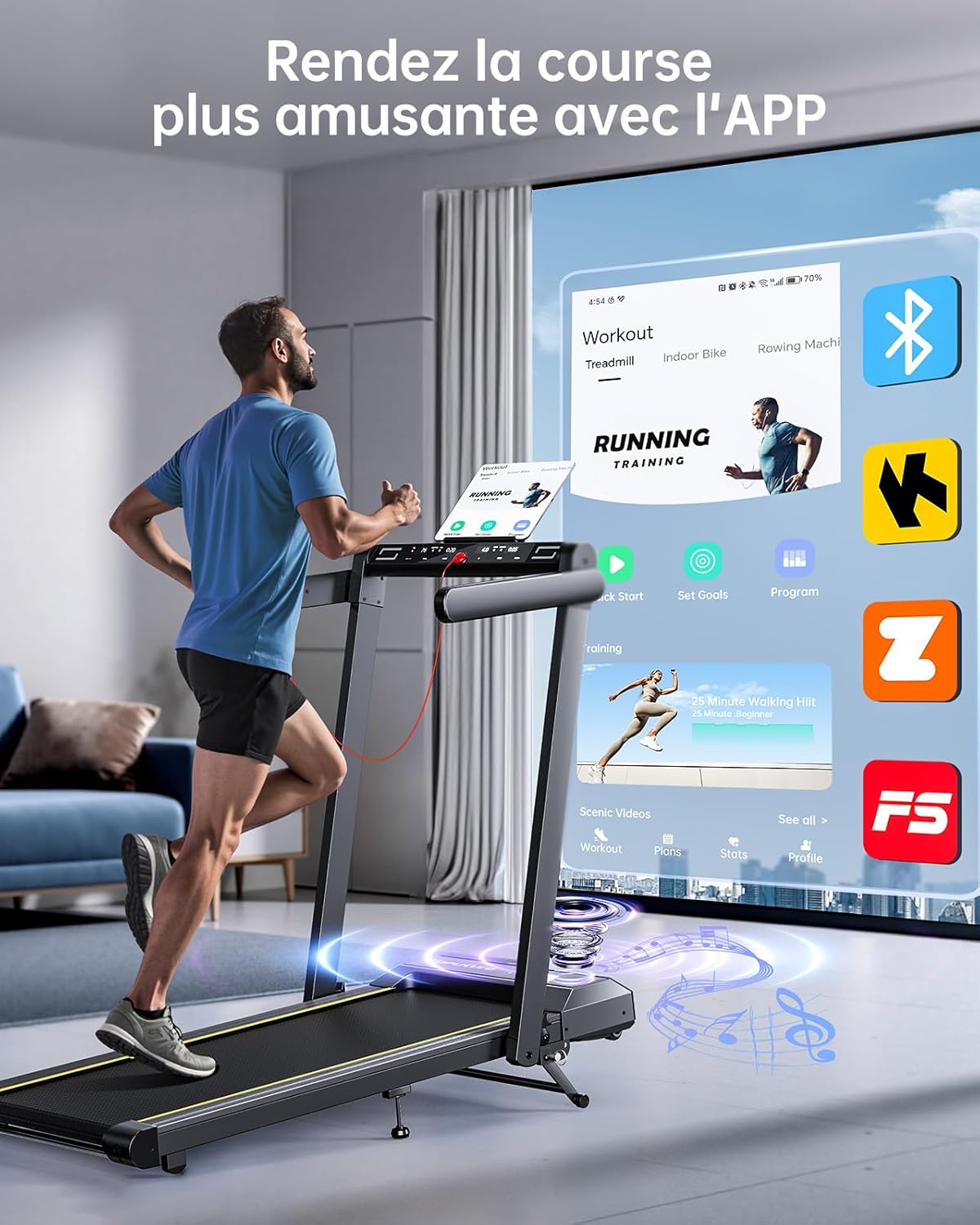 Tapis de course 2.5HP, 16km/h, pente 3 niveaux, LED, bande 42cm