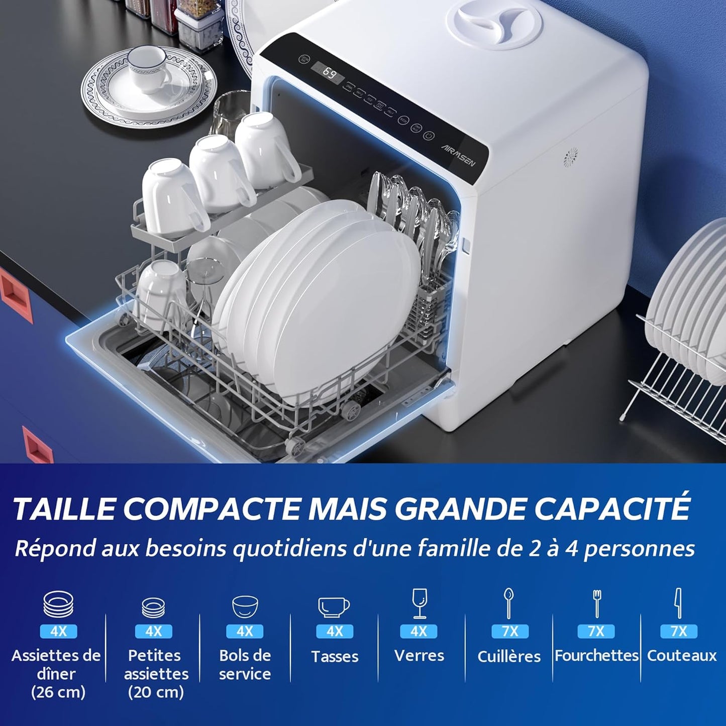 AIRMSEN mini lave-vaisselle 5+1 programmes, 5L, tactile, LED, blanc/noir