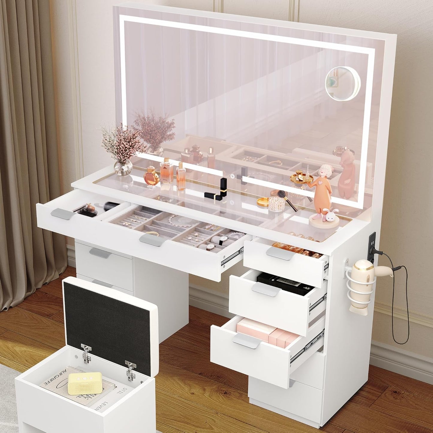 YITAHOME coiffeuse LED 3 couleurs, miroir + prise, 11 tiroirs, blanche