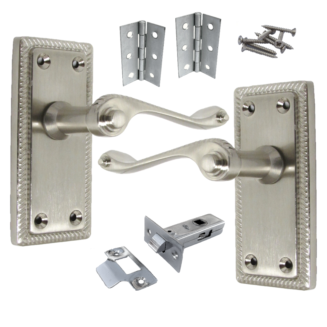 Poignées de porte à loquet style géorgien satinées, paire de charnières et loquets de 7,6 cm (3 po)