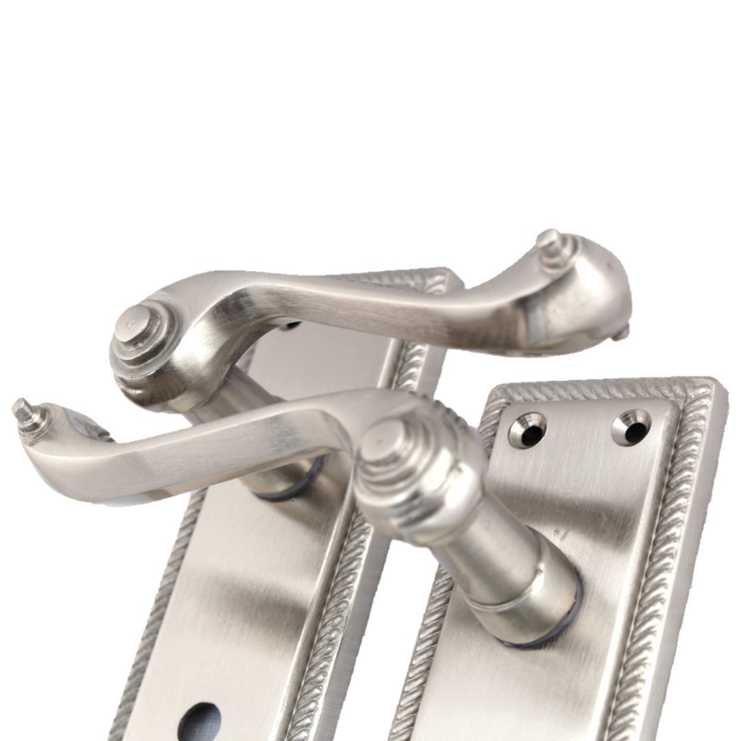 Poignées de porte de salle de bain style géorgien, levier, bord cordé, satiné, 150 mm x 50 mm