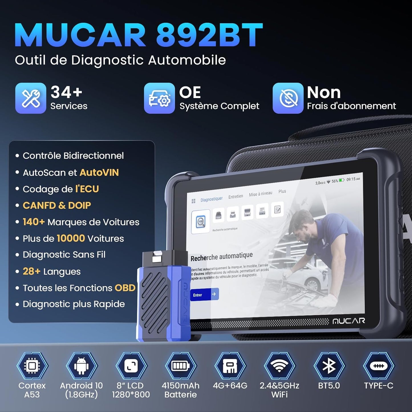Mucar 892BT AI valise diagnostic auto, 34+ resets, bidirectionnelle, gratuit à vie