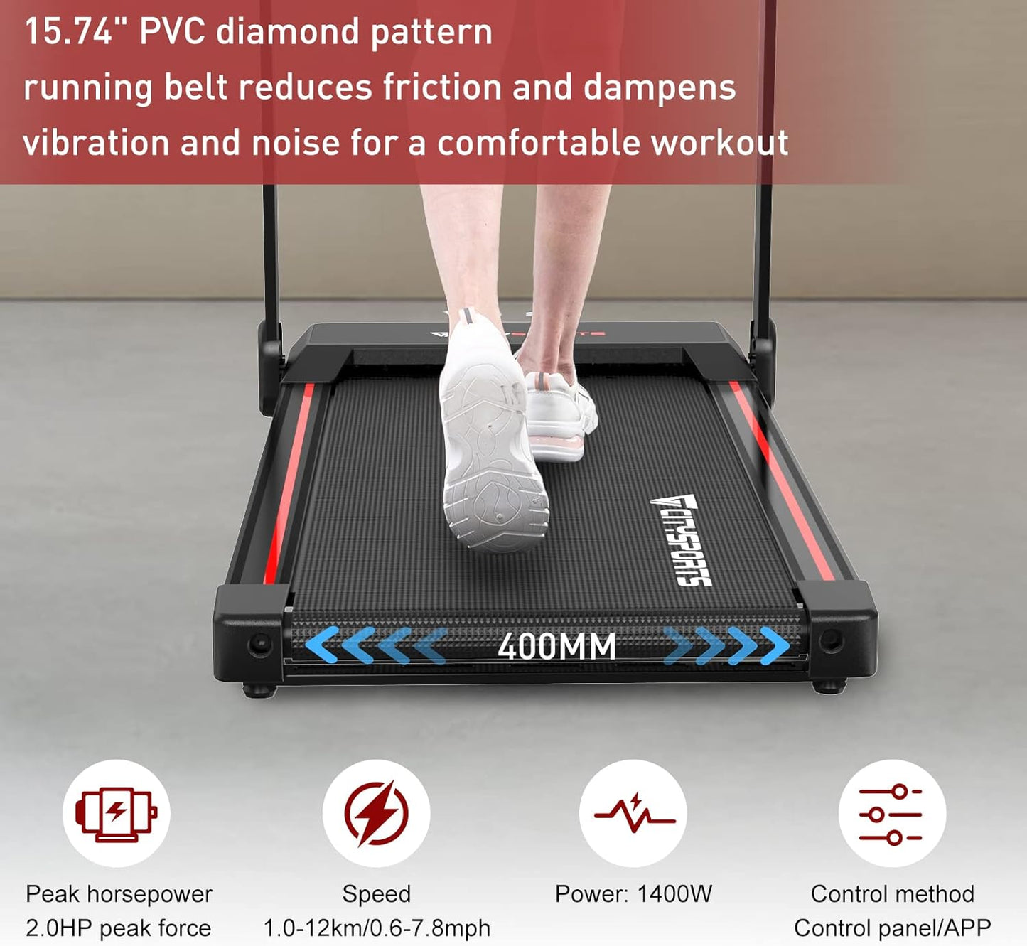 CITYSPORTS tapis course pliable 12km/h, LED, app, support tablette, noir/rouge