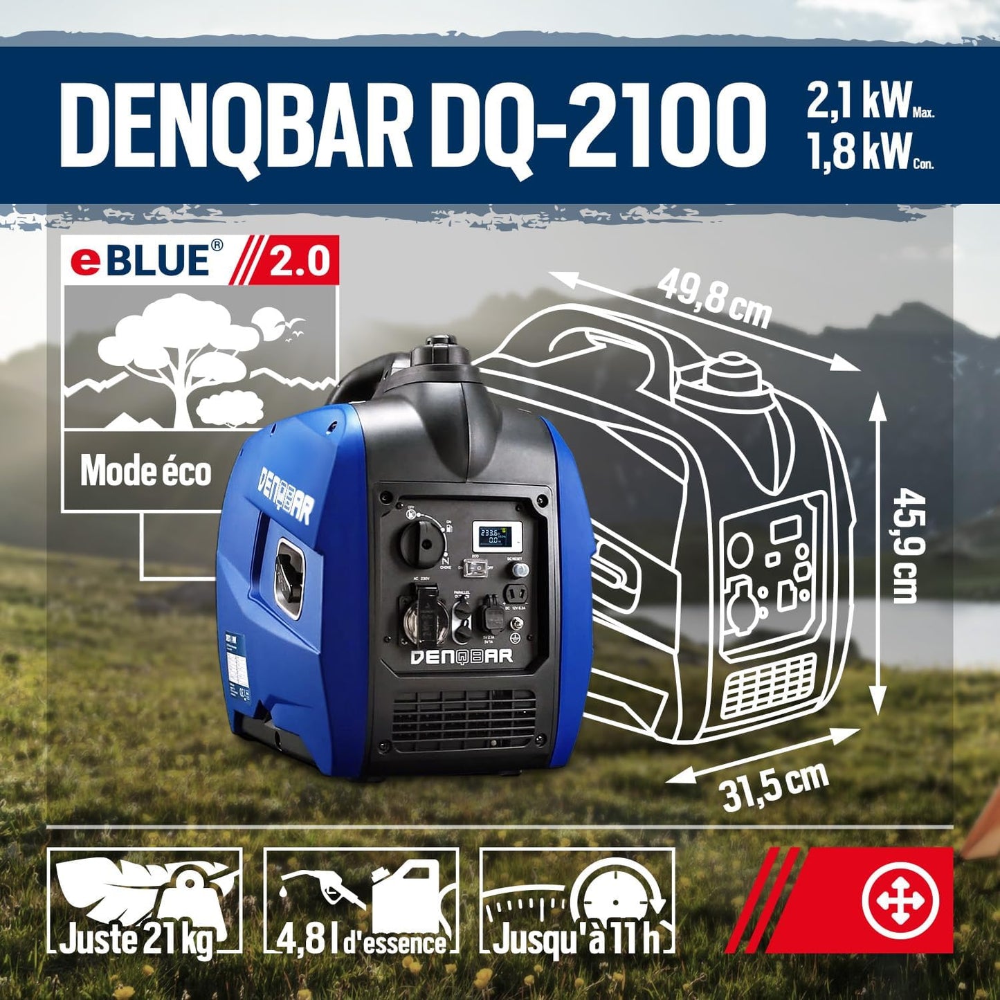 DENQBAR groupe électrogène inverter 2100W, silencieux, camping, secours