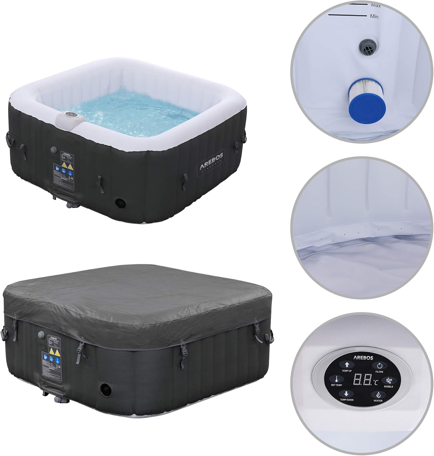 Arebos spa gonflable carré 154cm, 4 places, 100 jets, 600L, intérieur/extérieur