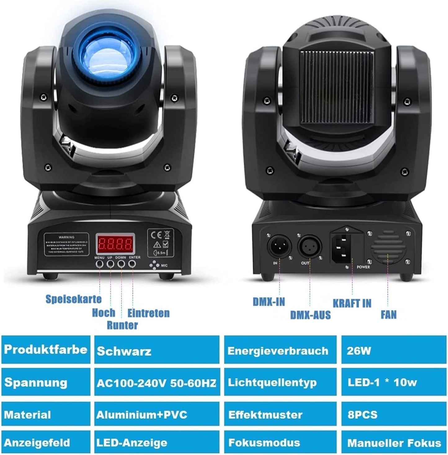 Lot 4 éclairages scène LED moving head RGBW, flight case, DMX, effet rotatif