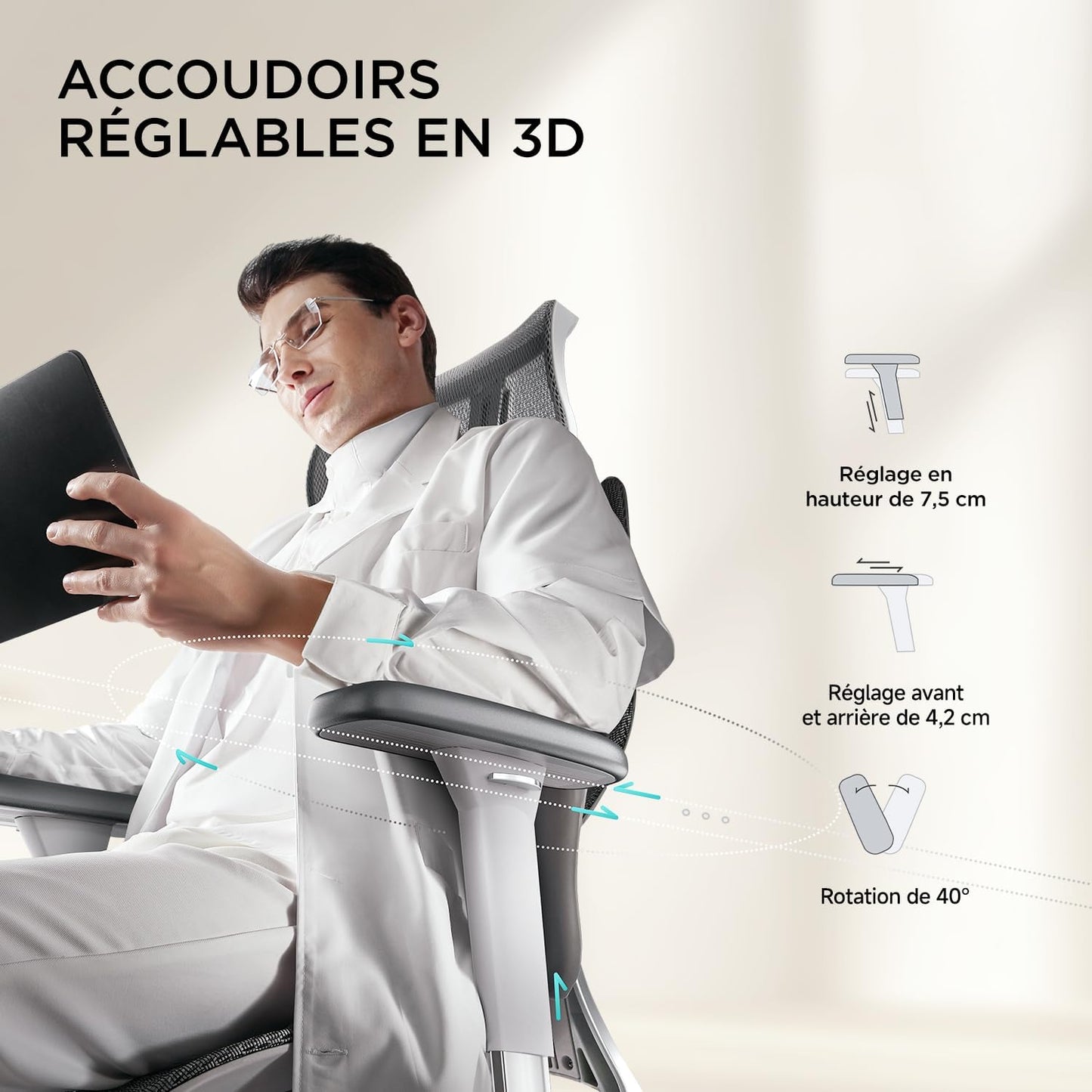 Hbada E3 Air fauteuil bureau ergonomique, 3 zones, accoudoirs/appui 3D, gris