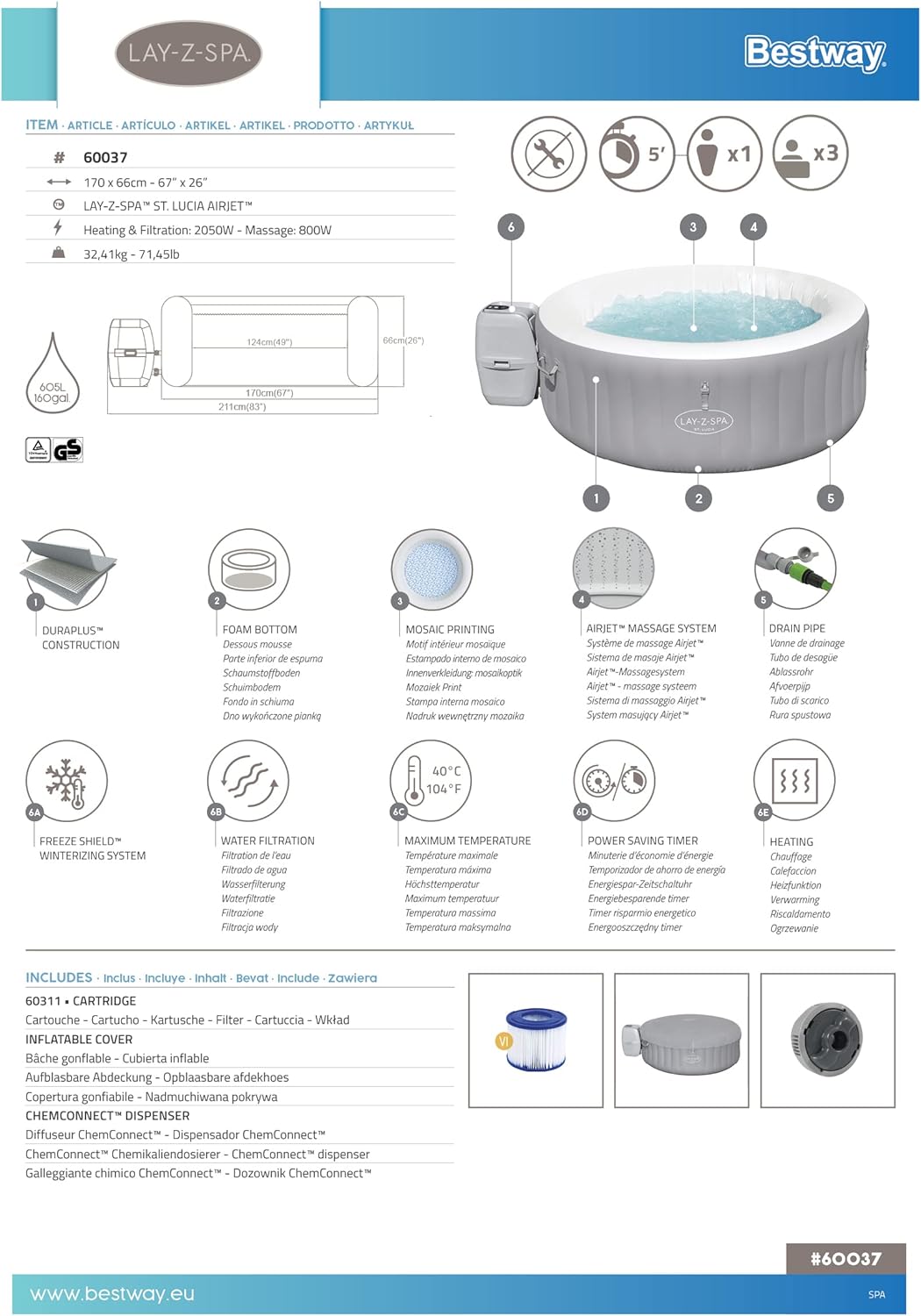 Lay-Z-Spa St Lucia AirJet 1.70m x 66cm, 67"x26", spa gonflable