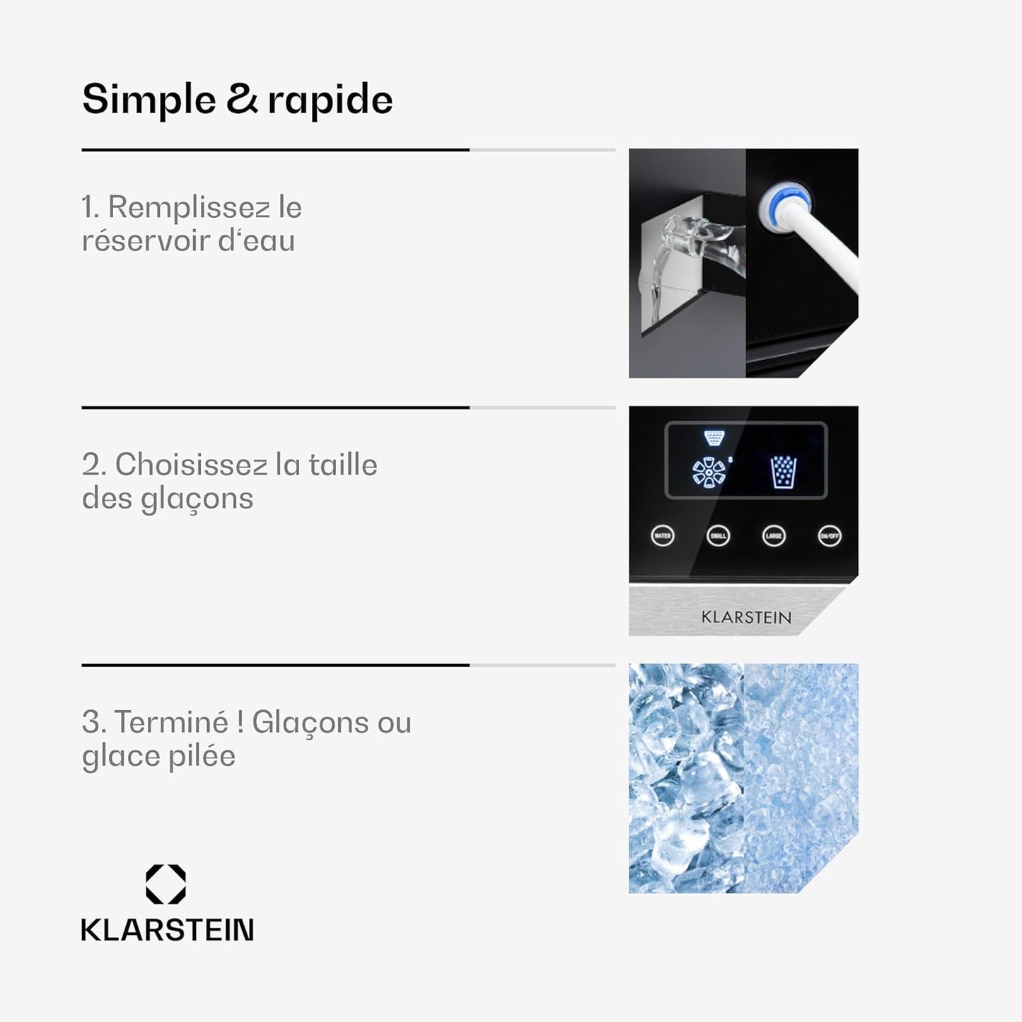 Klarstein machine glaçons 1.8L, 15kg/jour, concassés ou balles, alarme, nettoyage facile