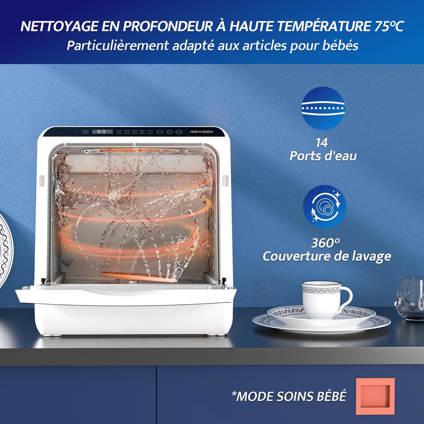 AIRMSEN mini lave-vaisselle 5+1 programmes, 5L, tactile, LED, blanc/noir