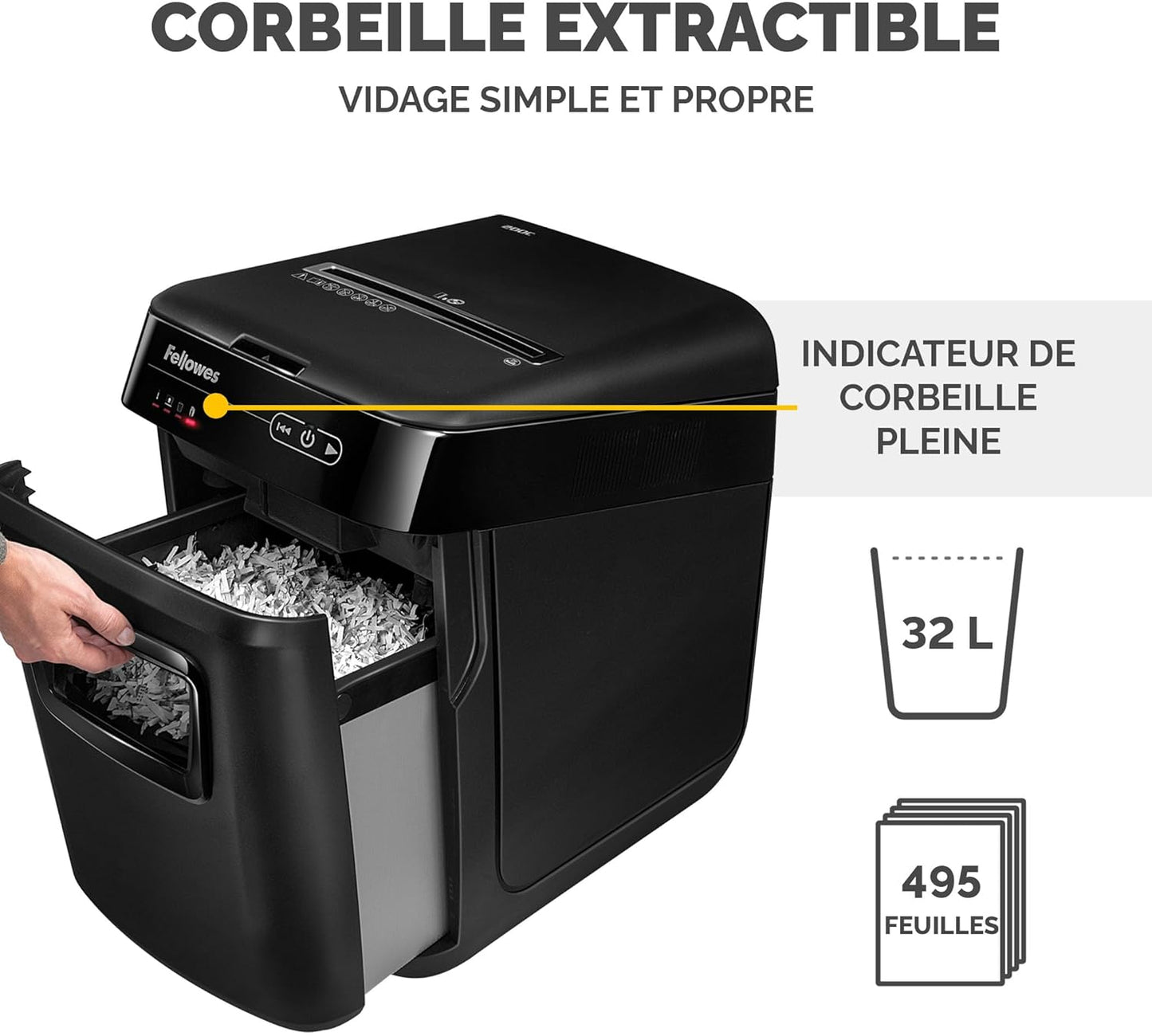 Fellowes destructeur Automax 200M, coupe croisée 200 feuilles, pro/domestique