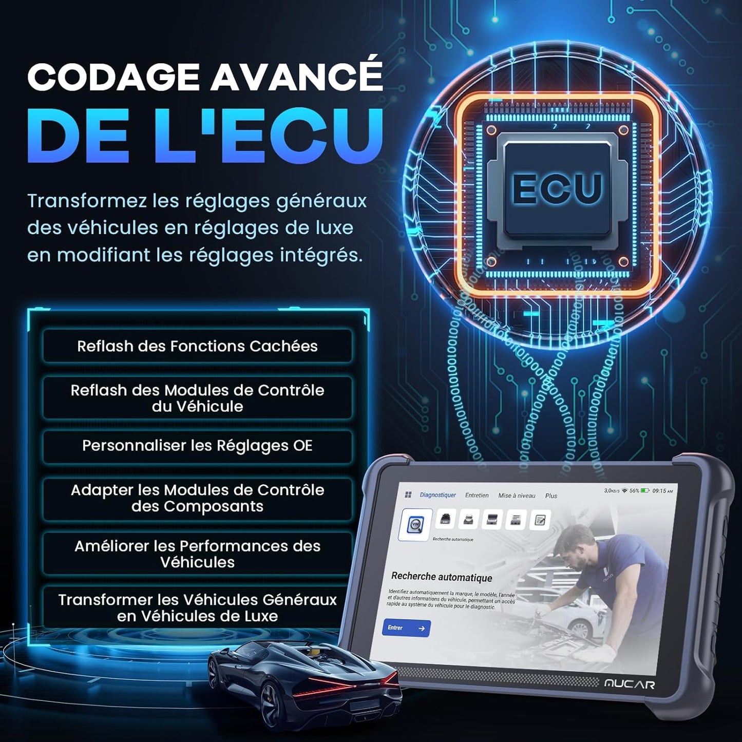 Mucar 892BT AI valise diagnostic auto, 34+ resets, bidirectionnelle, gratuit à vie