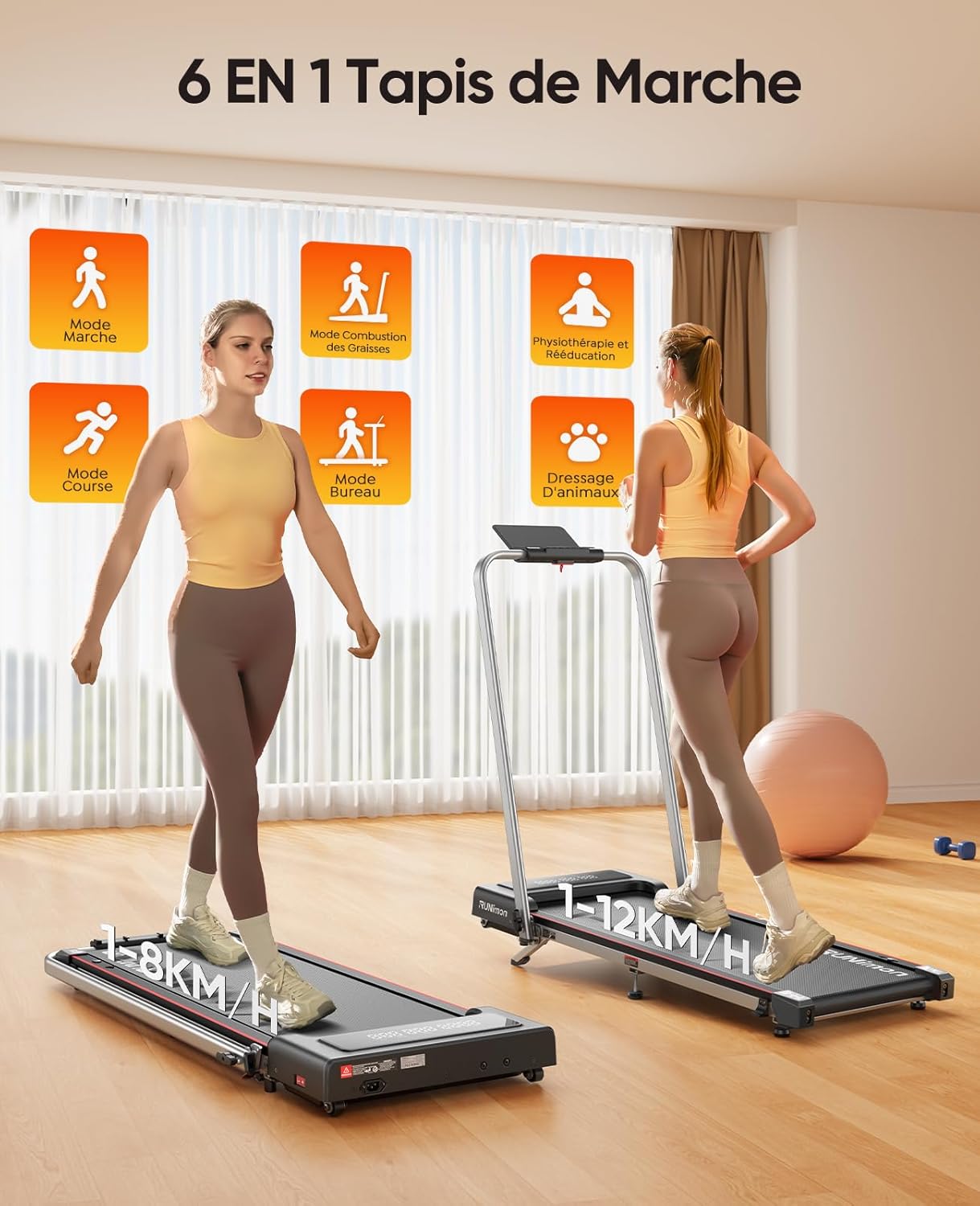 RUNIMON tapis 6-en-1, pliable, 12 km/h, 2.5HP, LED double, APP intelligente