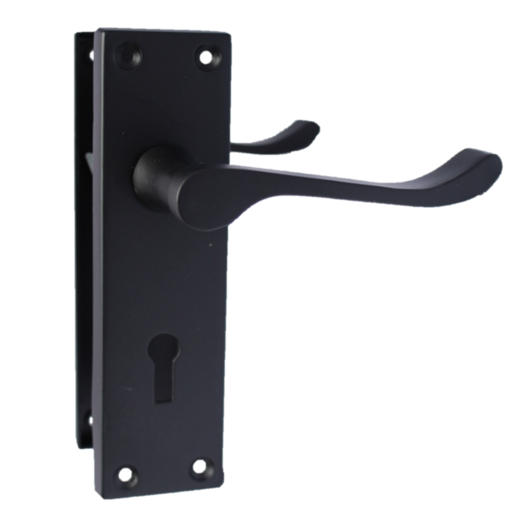 Poignées de porte victoriennes à levier et serrure à volutes - Noir mat 150 x 40 mm
