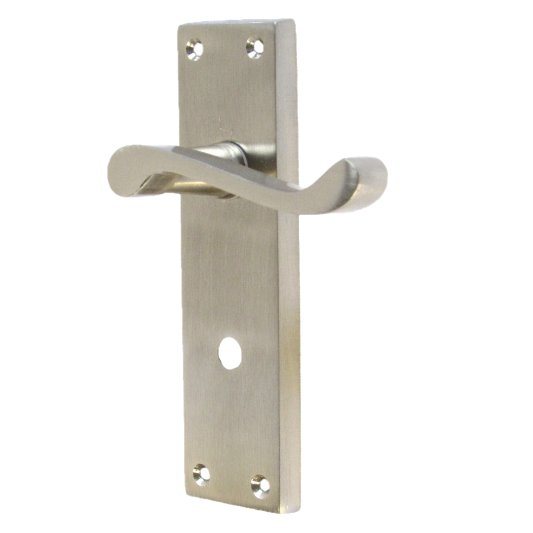 Poignées de porte de style victorien avec levier à volutes et serrure de salle de bain - Satin 150 x 40 mm