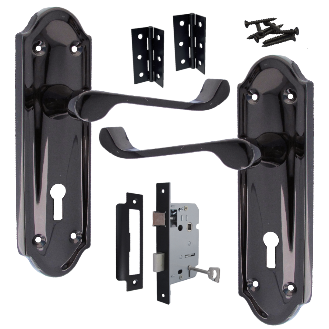 Poignée de porte Ashford à levier de défilement et serrure à clé - Pack de charnières à clé en nickel noir