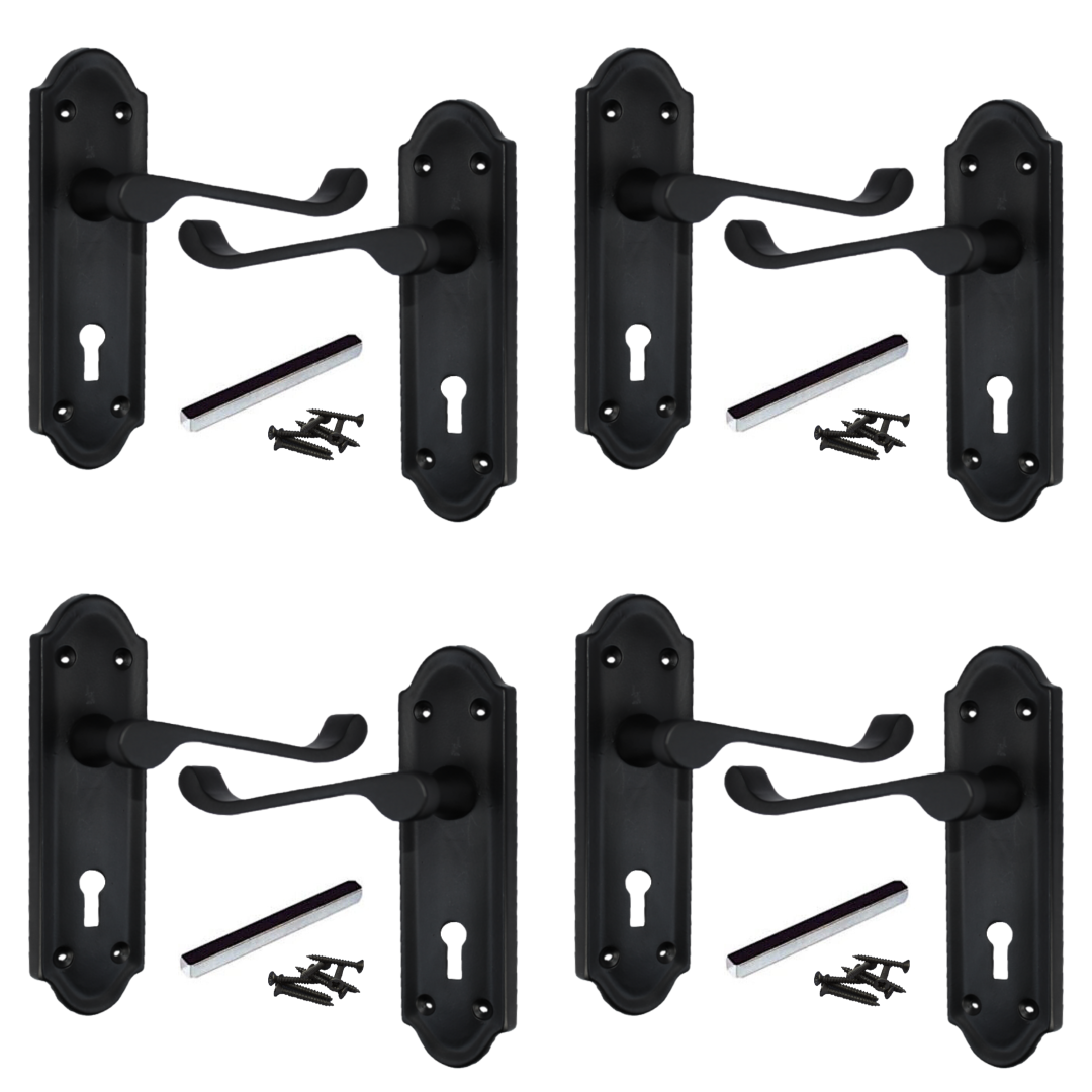 Poignées de porte Ashford multipack, serrure à clé, levier à défilement, noir mat, 1/4/6 paires