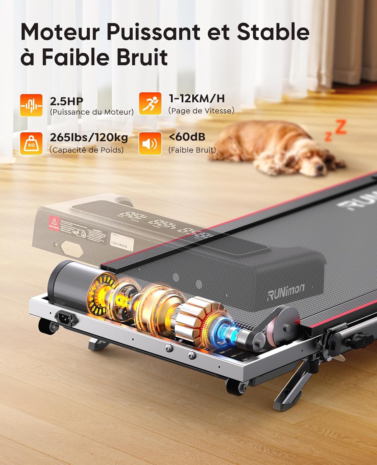 RUNIMON tapis 6-en-1, pliable, 12 km/h, 2.5HP, LED double, APP intelligente