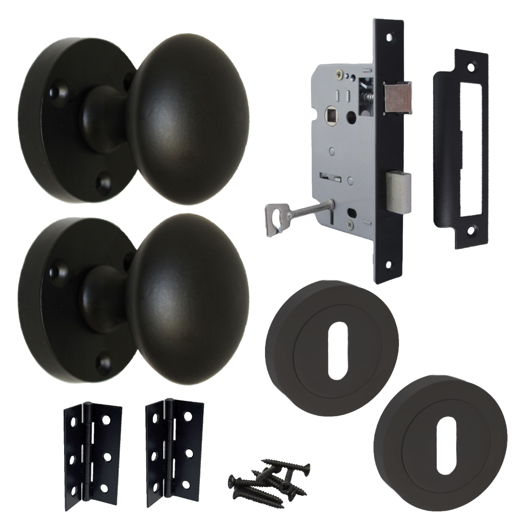 Boutons de porte ronds victoriens à mortaise à ressort - Noir mat - Serrure à clé - Paquet de 56 mm