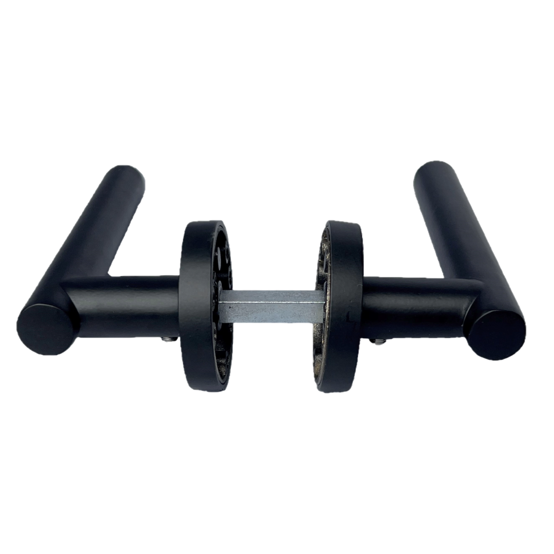 Poignées de porte noires mates à levier en T sur rosace ronde moderne avec loquet tubulaire