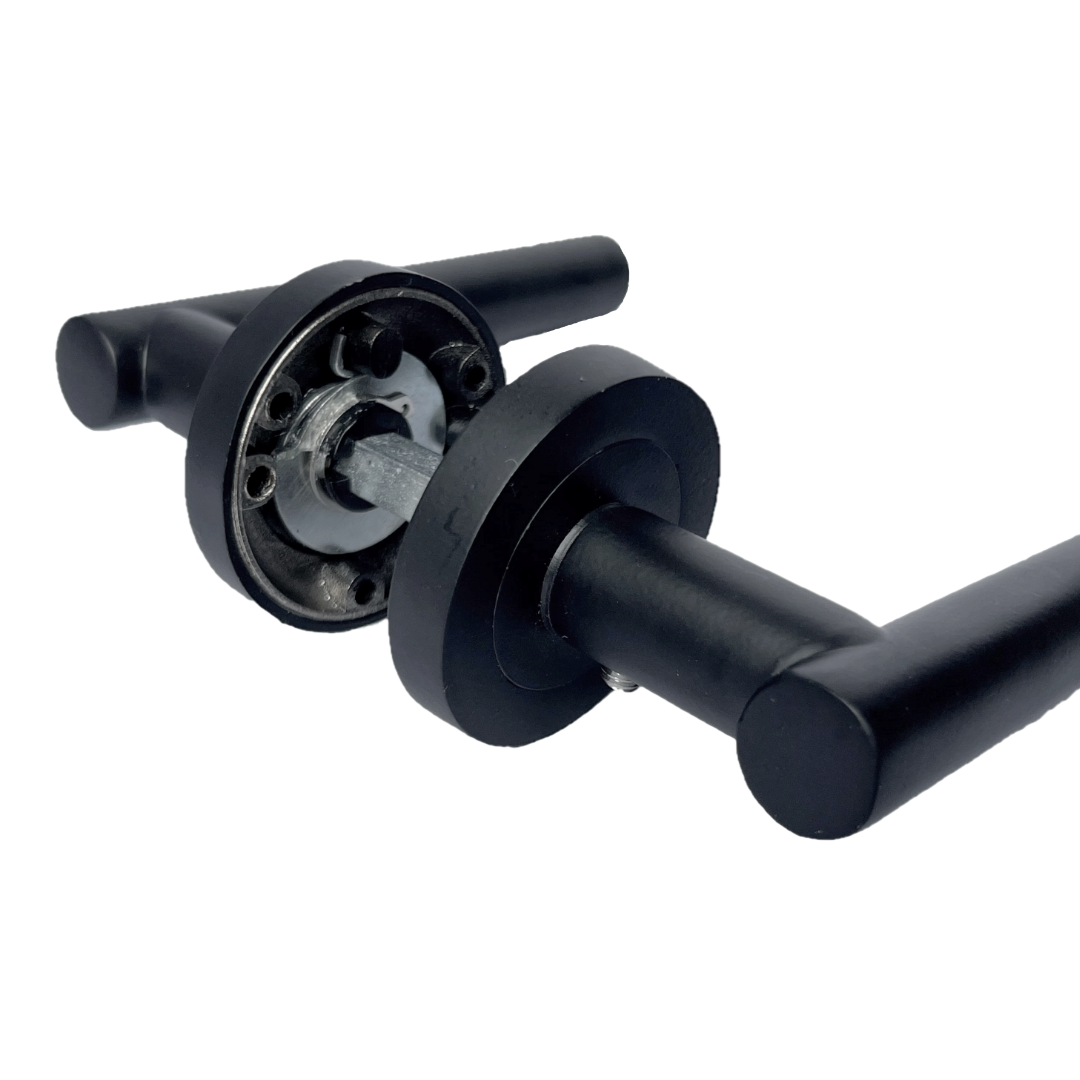 Poignées de porte noires mates à levier en T sur rosace ronde moderne avec loquet tubulaire