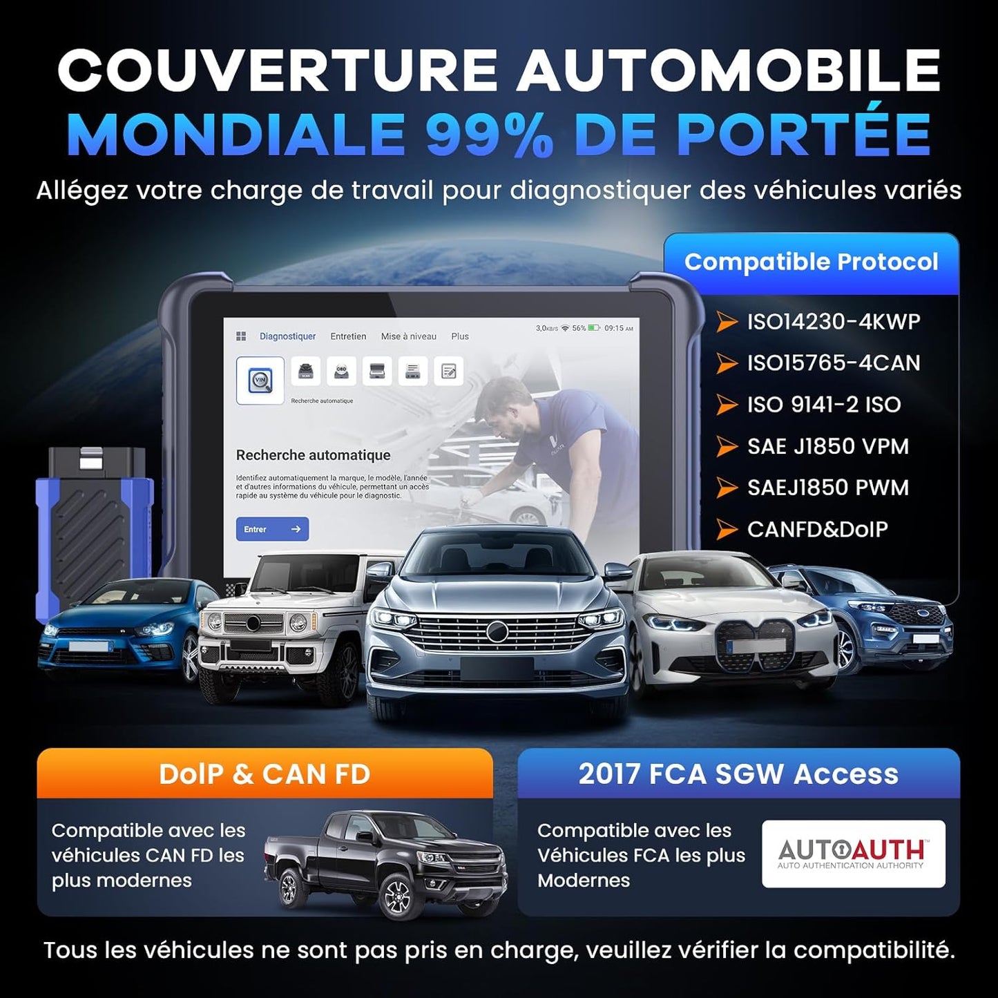 Mucar 892BT AI valise diagnostic auto, 34+ resets, bidirectionnelle, gratuit à vie