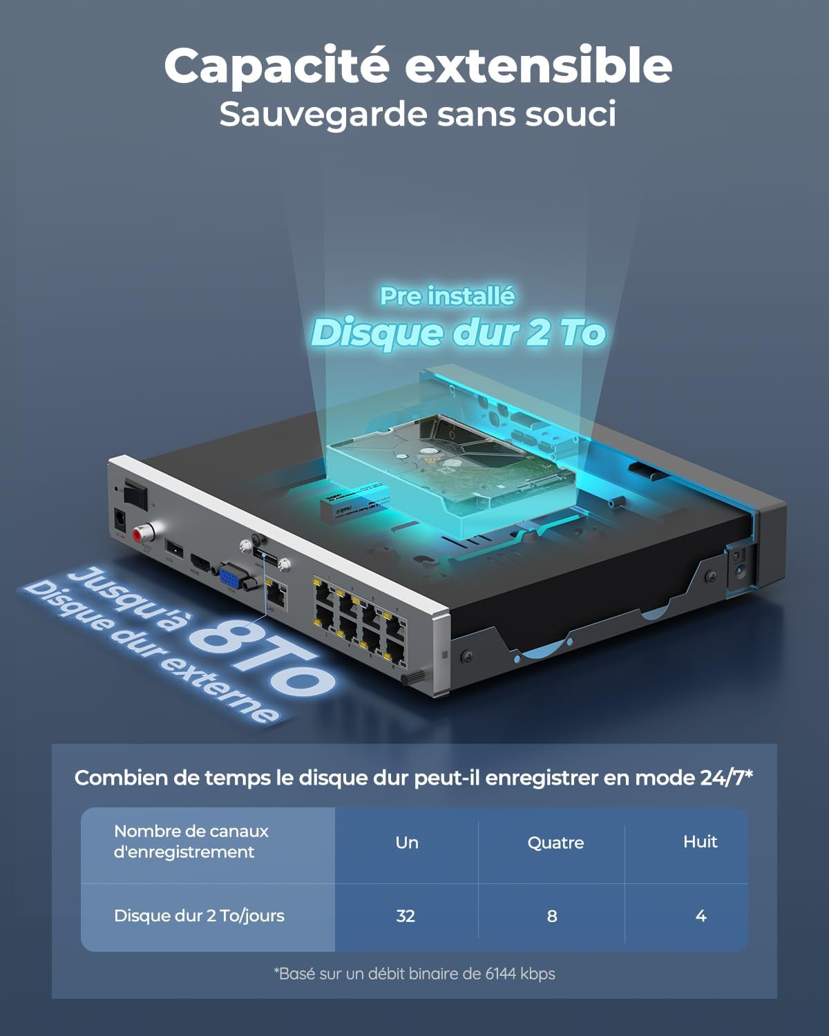 Reolink RLN8-410 NVR 4K 8 canaux + HDD 2TO, compatible 4MP–16MP caméras