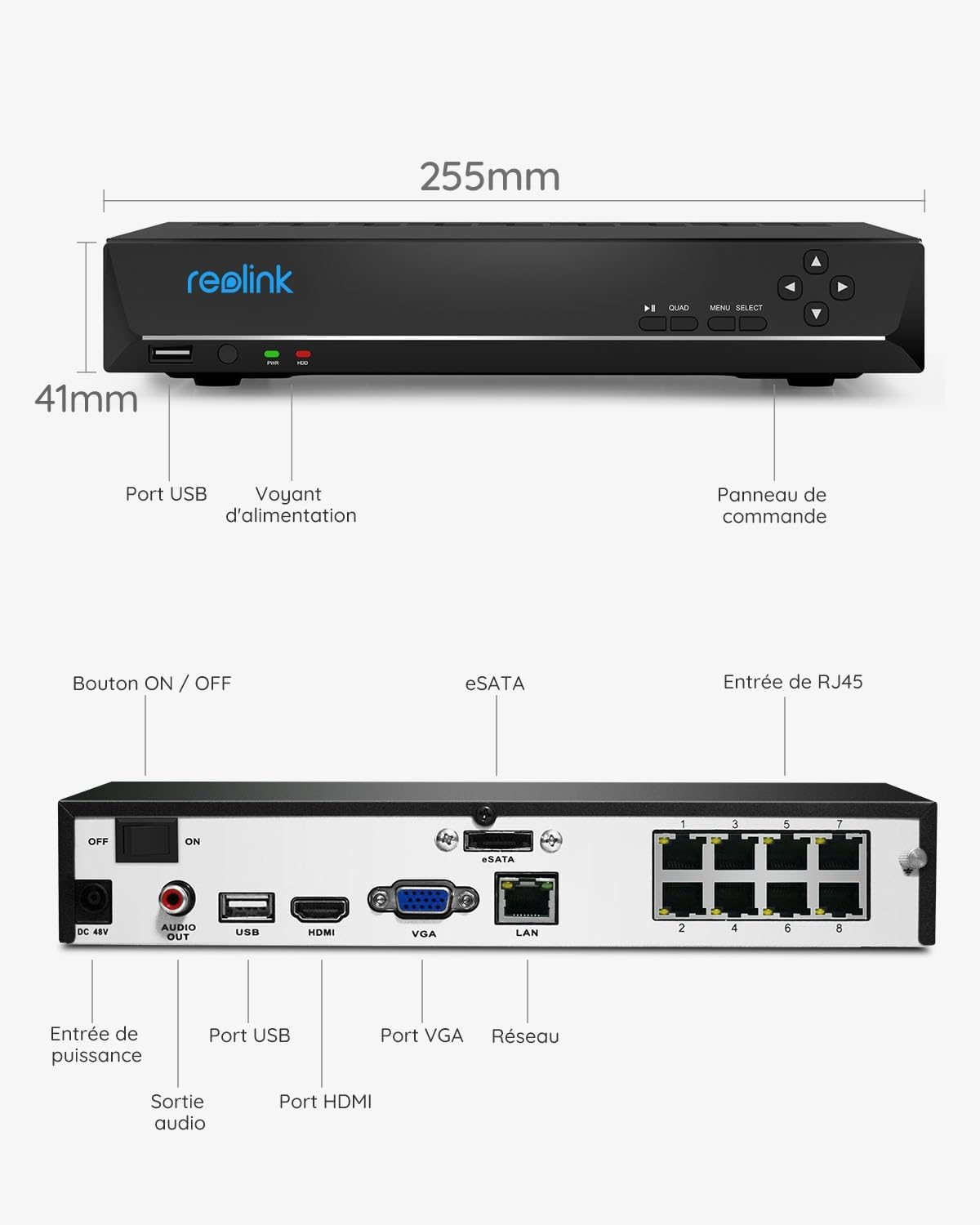 Reolink RLN8-410 NVR 4K 8 canaux + HDD 2TO, compatible 4MP–16MP caméras