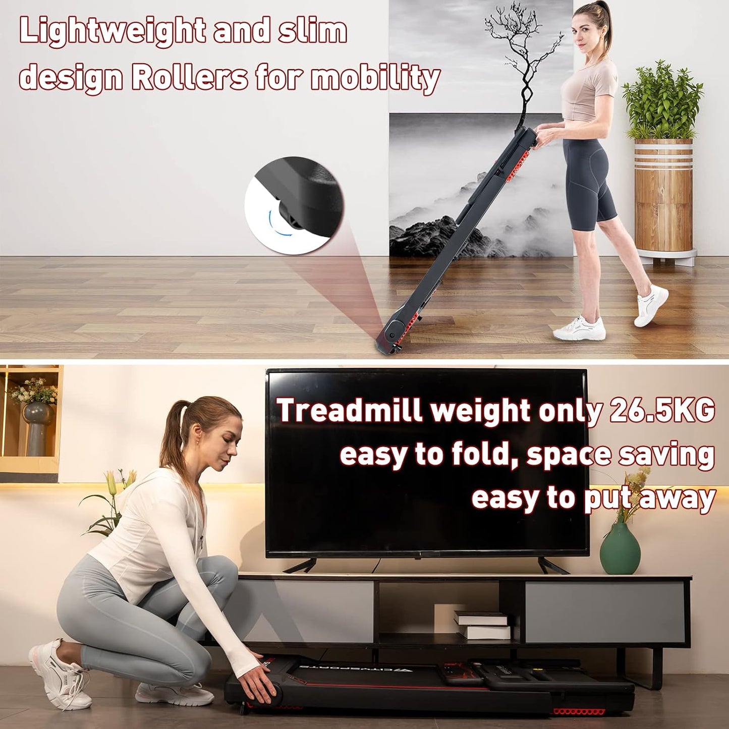 CITYSPORTS tapis course pliable 12km/h, LED, app, support tablette, noir/rouge