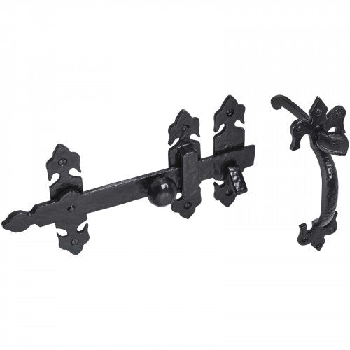 Loquet de portail à poucier Fleur de LYS Noir Antique 203 mm Old Hill Iron Garden Cottage + Fixations