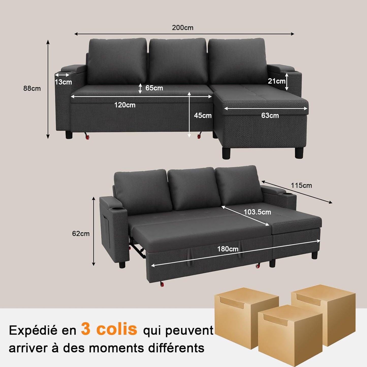Devoko canapé angle convertible 3 places, chaise longue, rangement, anthracite