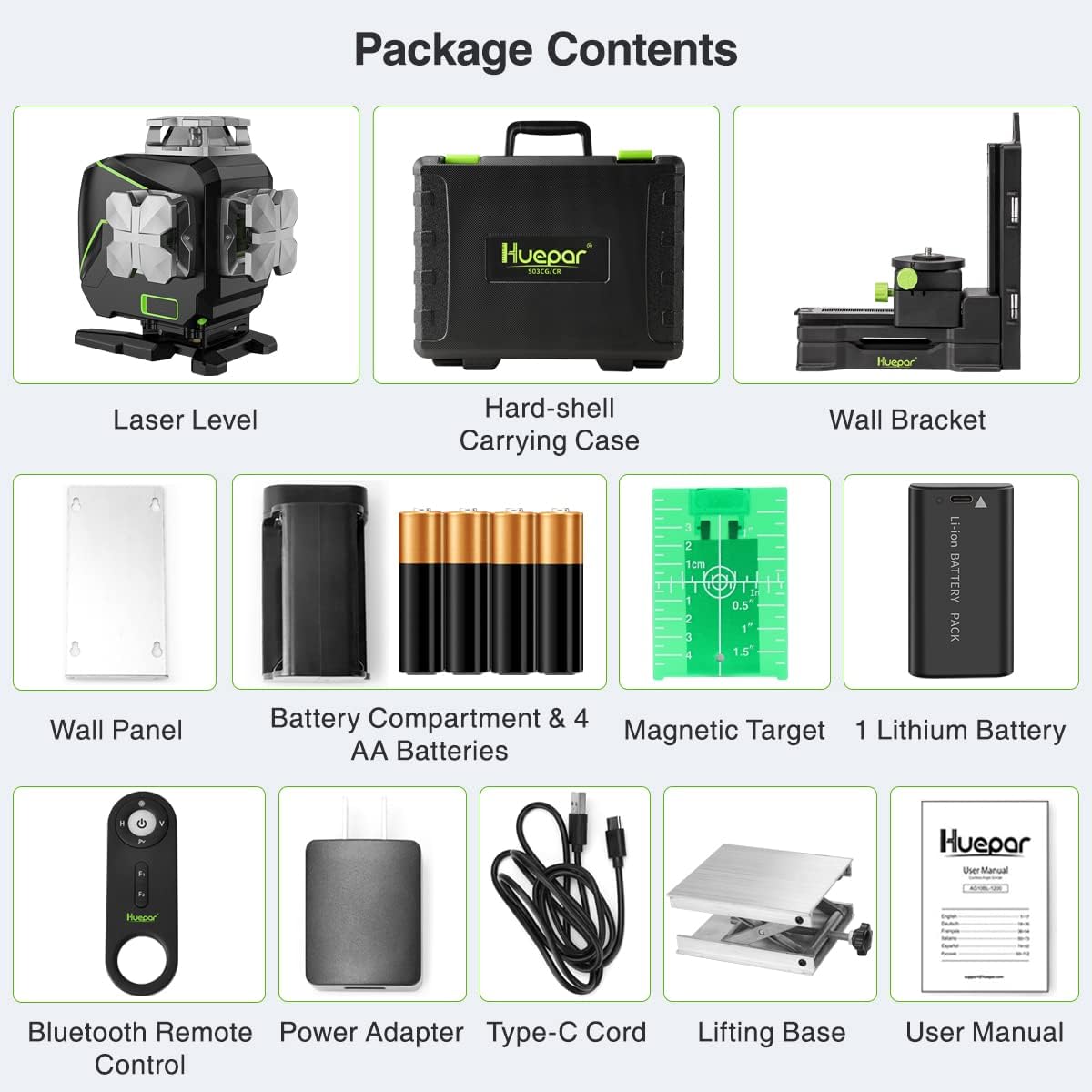 Huepar S04CG niveau laser LCD Bluetooth, vert, croisé, télécommande + mallette