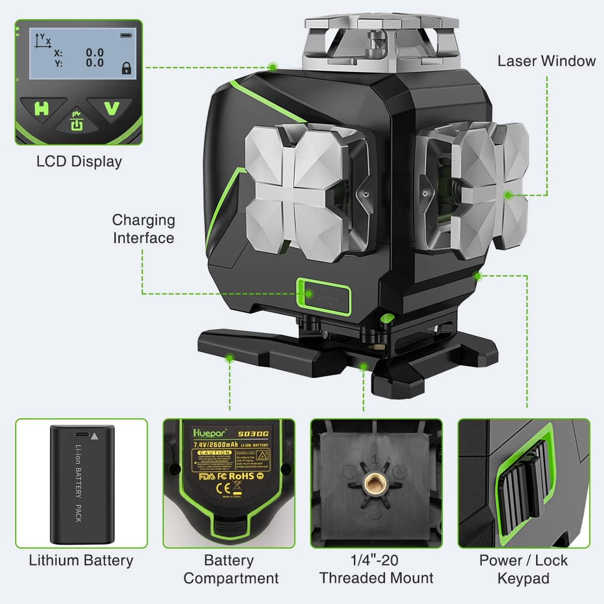 Huepar S04CG niveau laser LCD Bluetooth, vert, croisé, télécommande + mallette