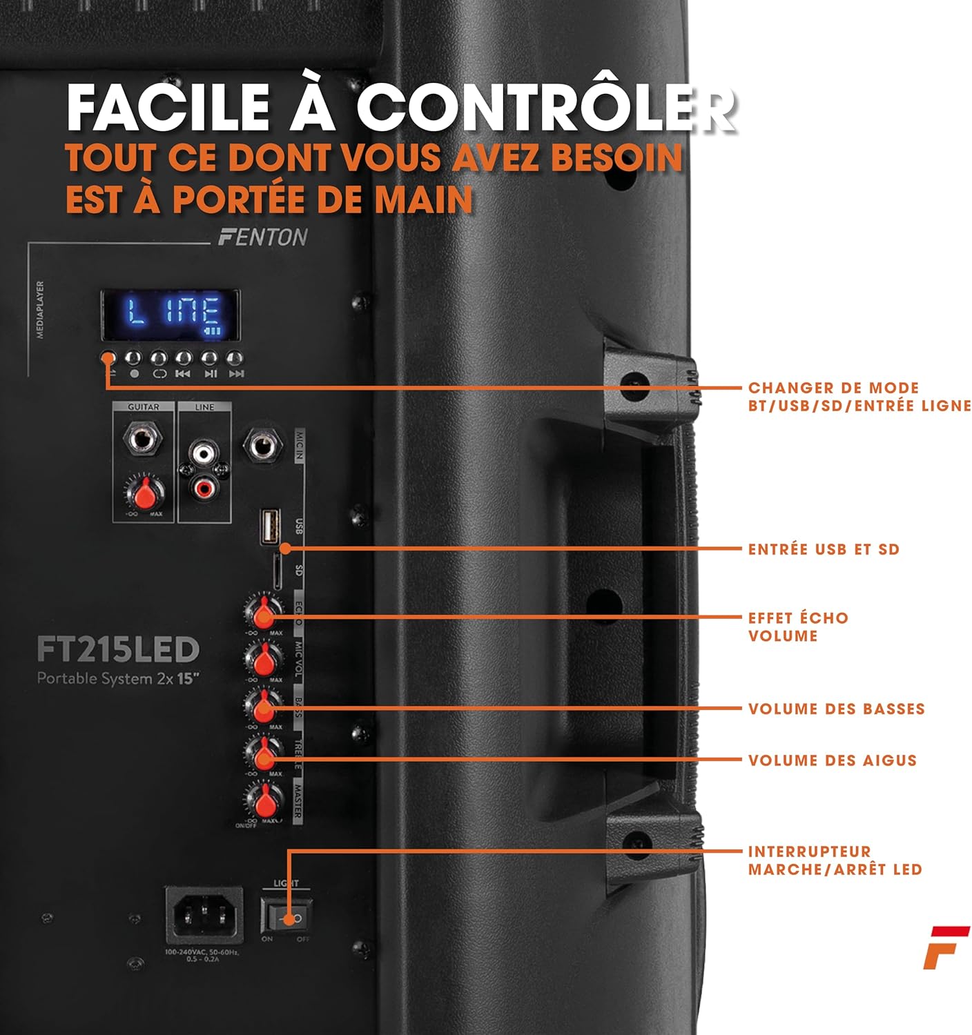 Fenton FT215LED enceinte sono 1600W LEDs Bluetooth, 2x15", batterie intégrée