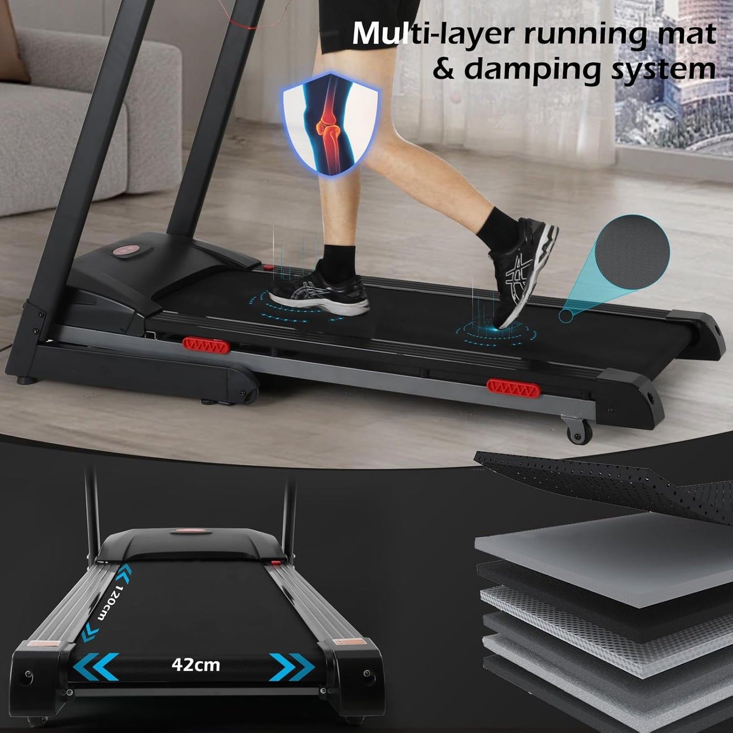 ISE tapis de course pliable 735W, LCD, 16km/h, Bluetooth, marche/course