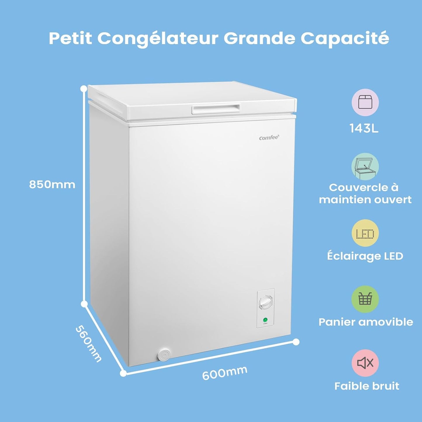 COMFEE' congélateur coffre 143L RCC146WH2EU, inverter, 4*, convertible, blanc
