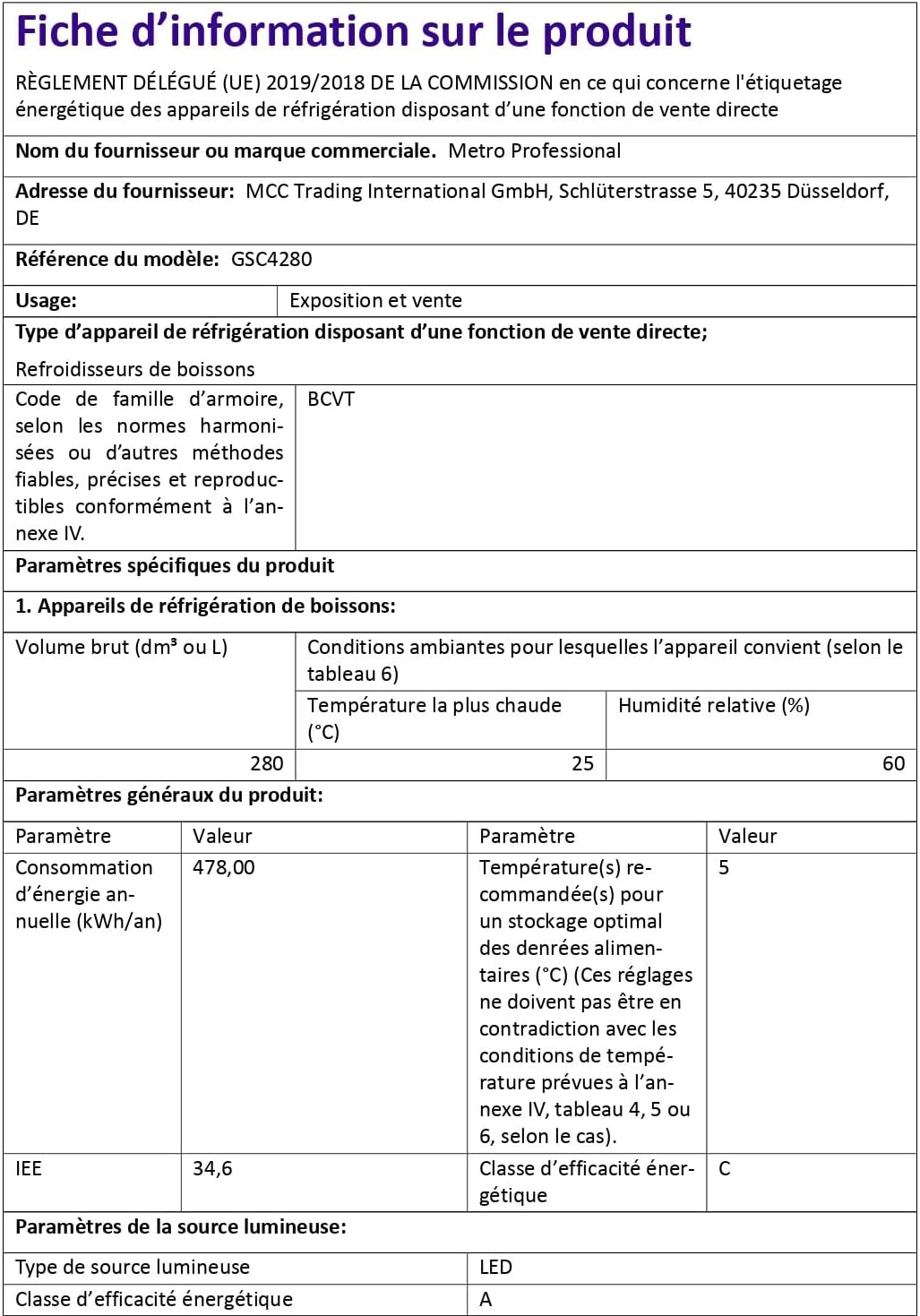 METRO Professional vitrine réfrigérée boissons 280L, serrure, blanche, 210W