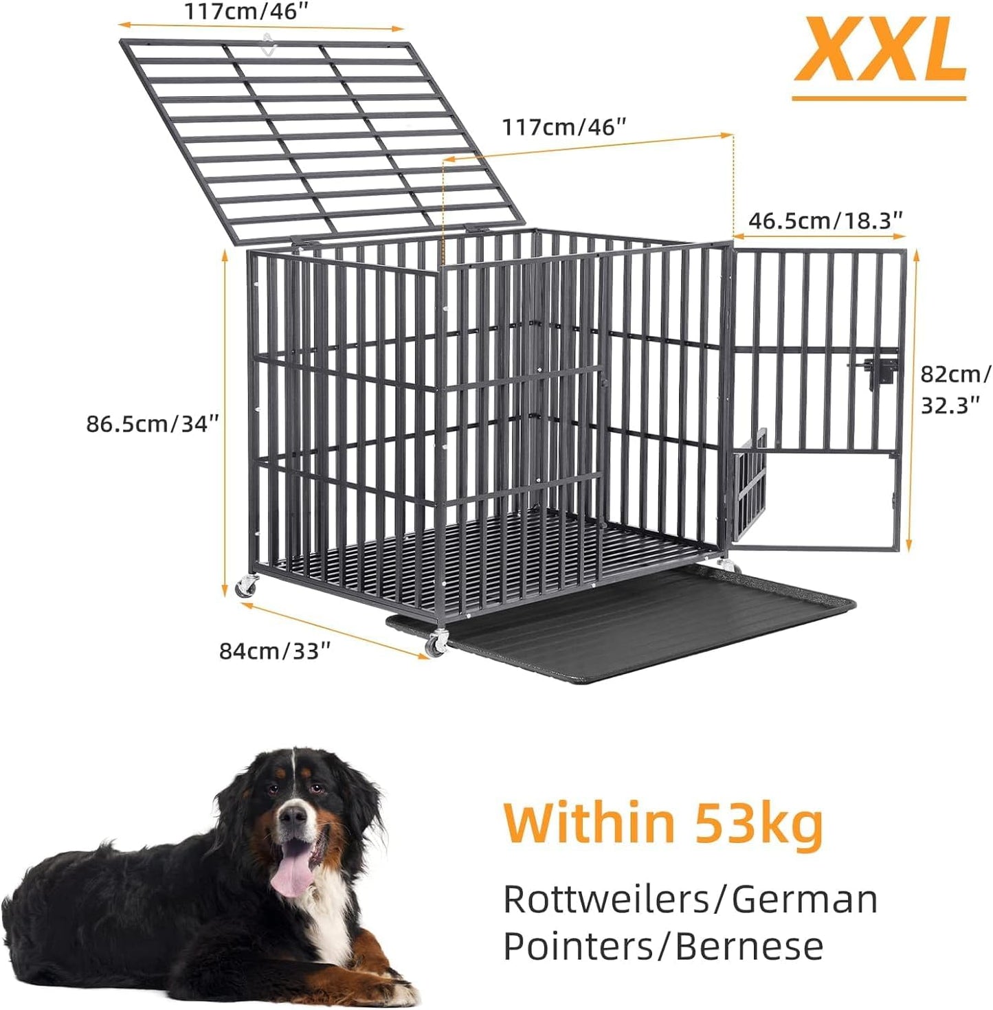 BingoPaw cage chien XXL 117x96x84cm métal avec roulettes, 3 portes, plateau amovible