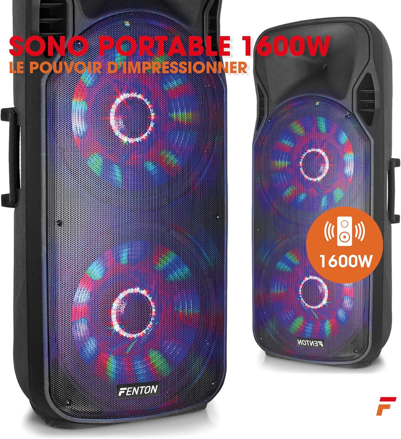 Fenton FT215LED enceinte sono 1600W LEDs Bluetooth, 2x15", batterie intégrée