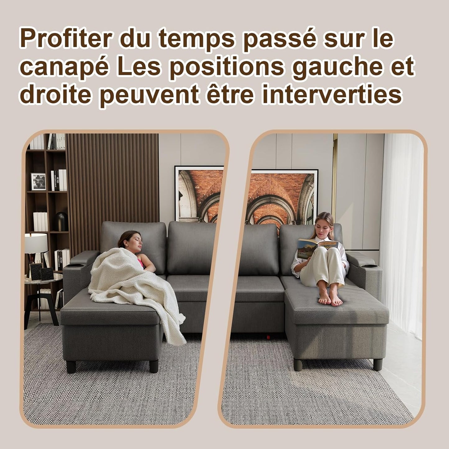 Devoko canapé angle convertible 3 places, chaise longue, rangement, anthracite