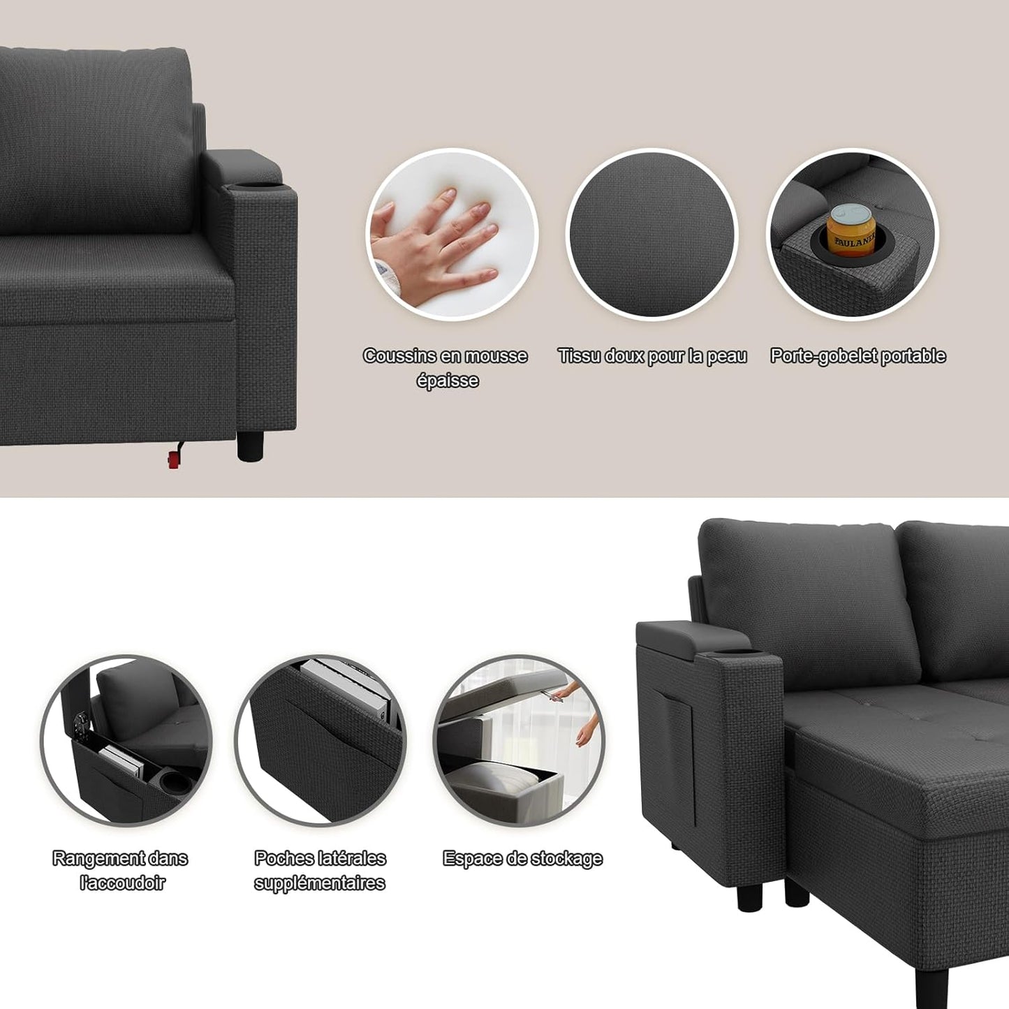 Devoko canapé angle convertible 3 places, chaise longue, rangement, anthracite