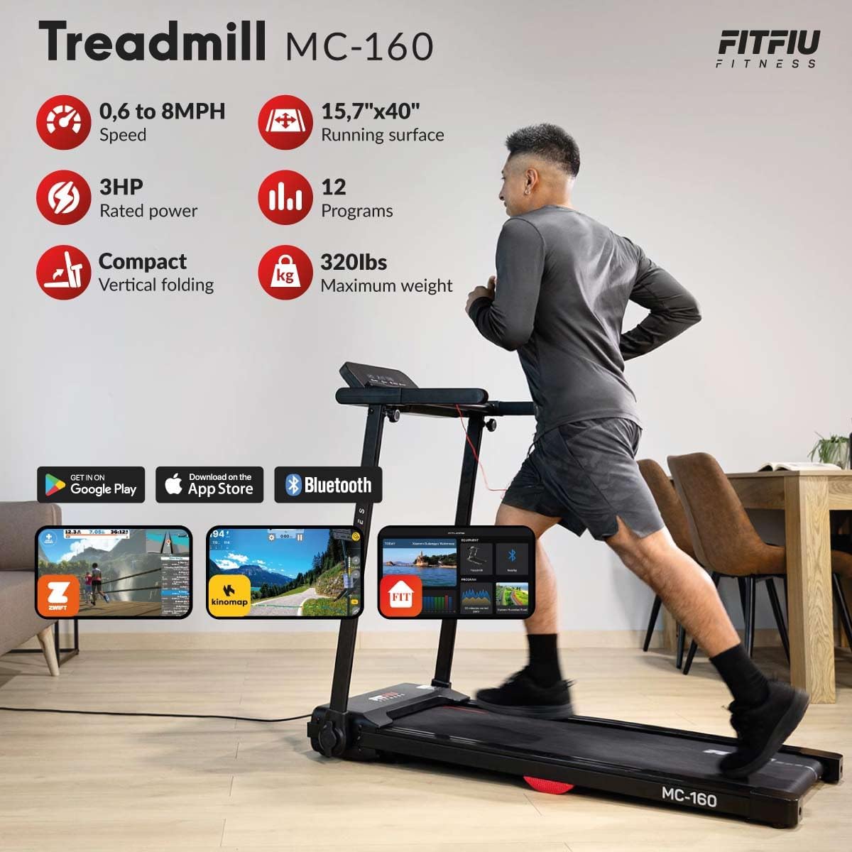 FITFIU MC-160 tapis de course/marche 2-en-1, Bluetooth, app, compact