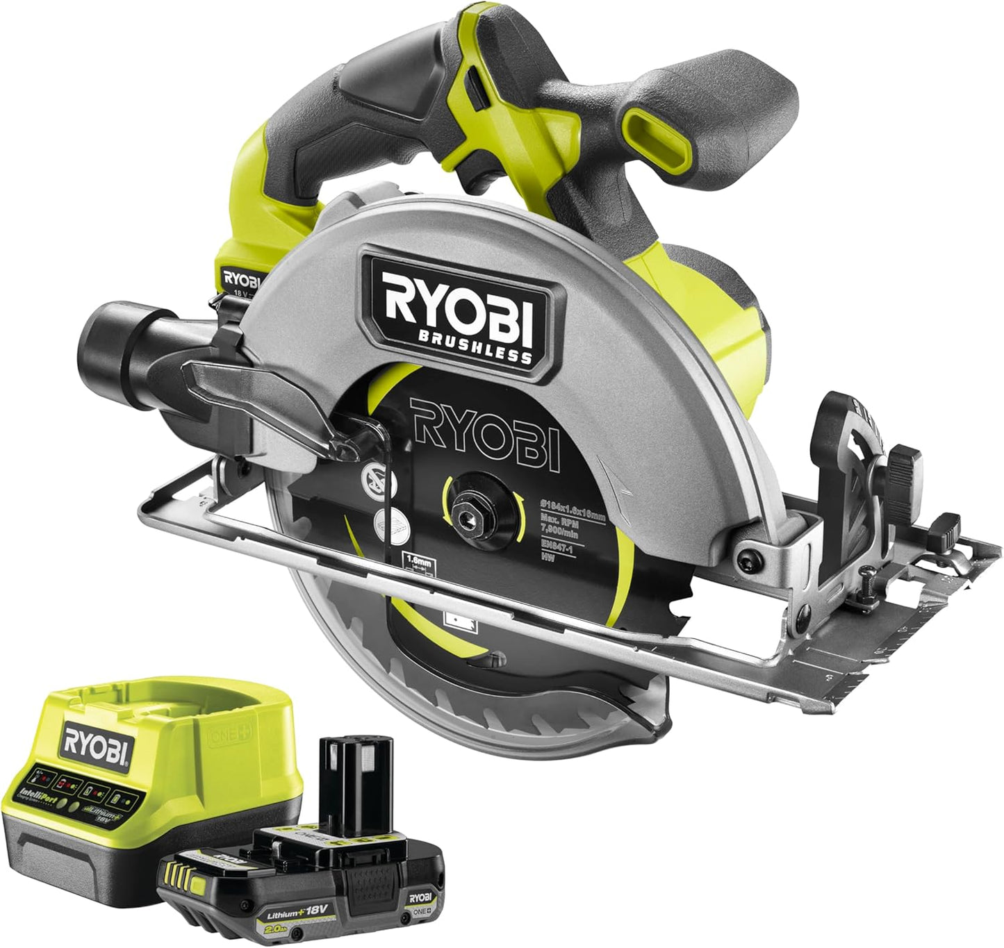 Ryobi scie circulaire 18V brushless, 2 lames 184mm, rail, batterie/chargeur inclus