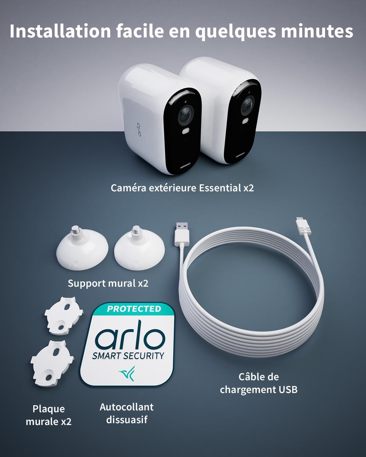 Arlo Essential 2 2K XL, 2 caméras extérieures sans fil, vision couleur, 24 mois