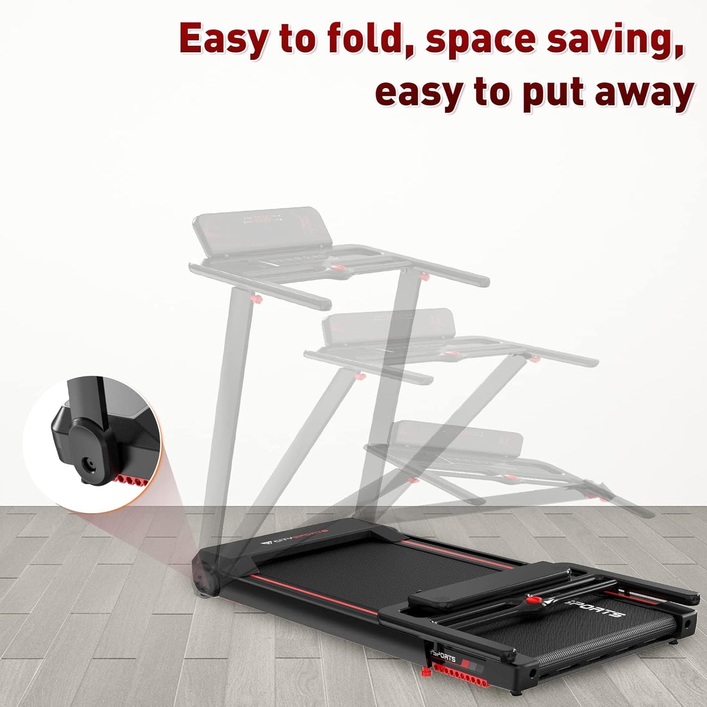 CITYSPORTS tapis course pliable 12km/h, LED, app, support tablette, noir/rouge