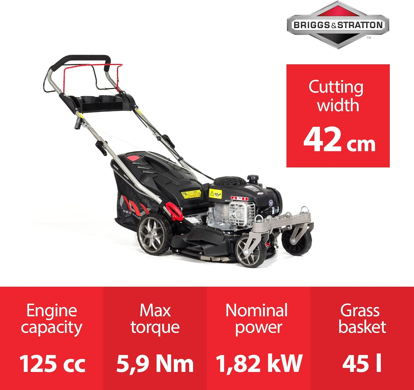NAX 1000S tondeuse thermique 125cm³, 42cm, panier 45L, moteur B&S, entraînée
