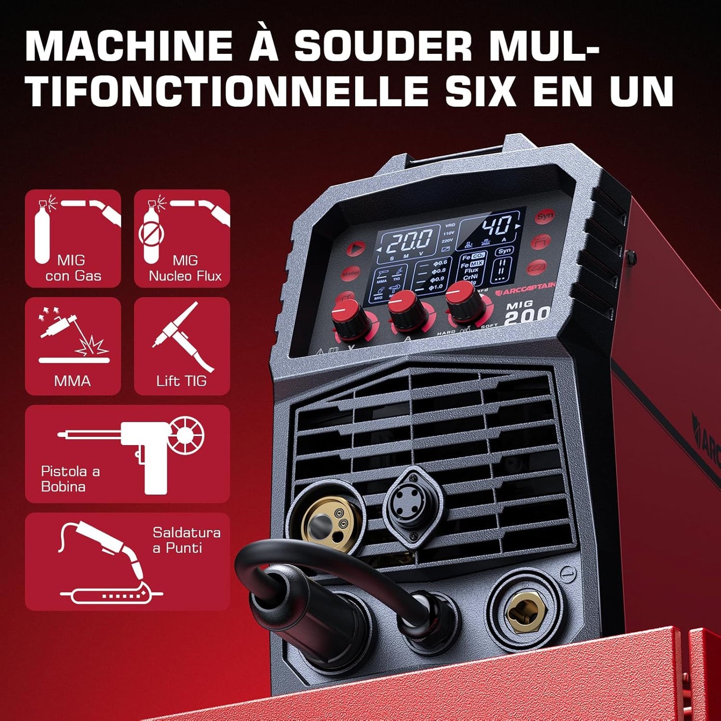 ARCCAPTAIN poste soudure MIG MAG 6-en-1, 200A, TIG, sans gaz, multi-process