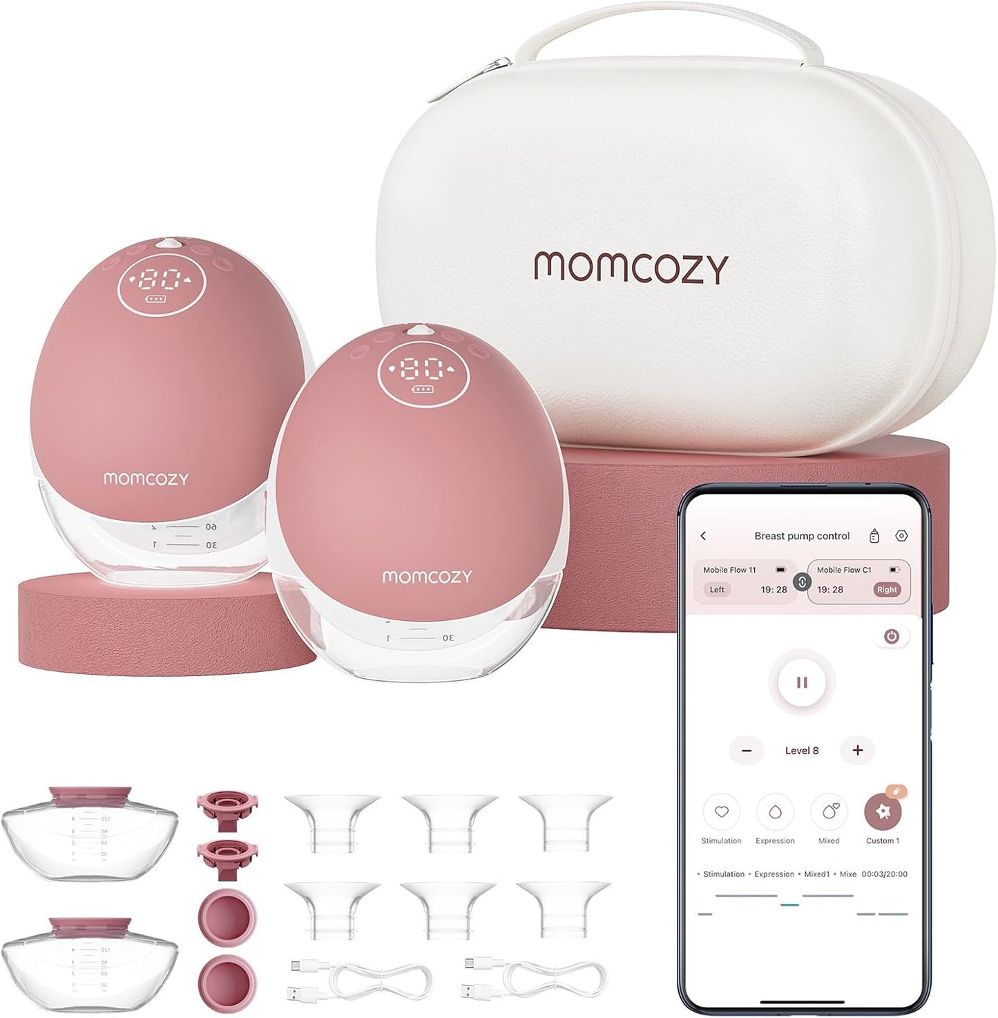Momcozy M9 tire-lait électrique mains libres, 15 modes, app, double 24mm, rouge