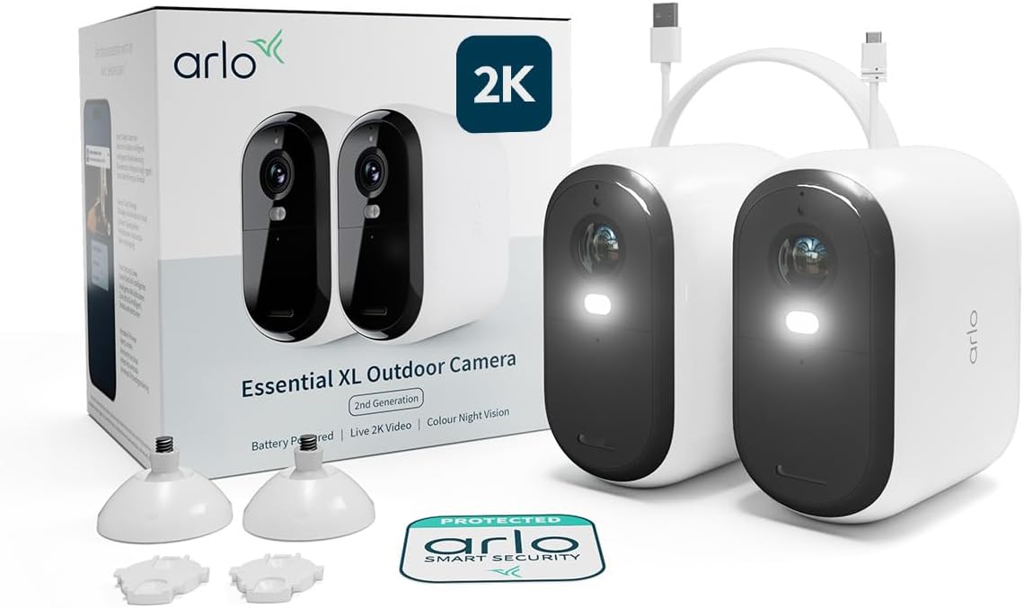 Arlo Essential 2 2K XL, 2 caméras extérieures sans fil, vision couleur, 24 mois